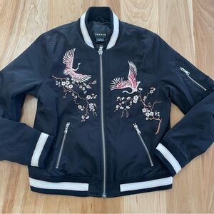 Trouvé Cherry Blossoms and Cranes Black Embroidered Bomber Jacket